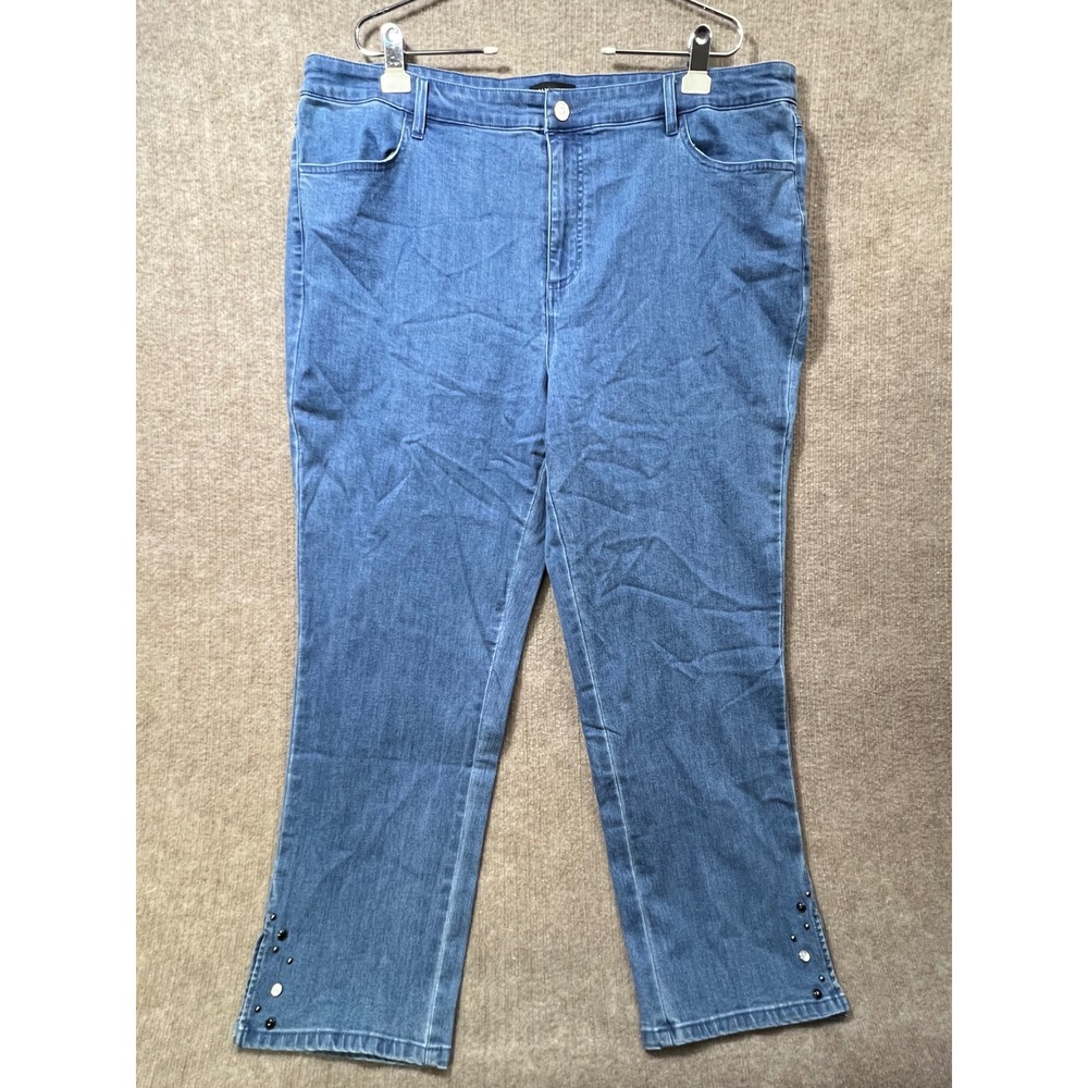 Susan Graver Blue Denim Jeans 22W Embellished Split Hem Stretch Regular Cut